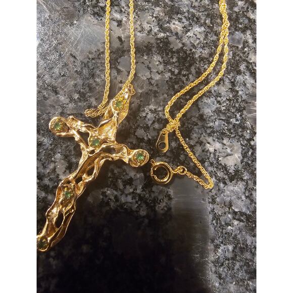 Nikolas Gold Cross Necklace with Green Stones Elegant Religious Jewelry - Picture 5 of 6